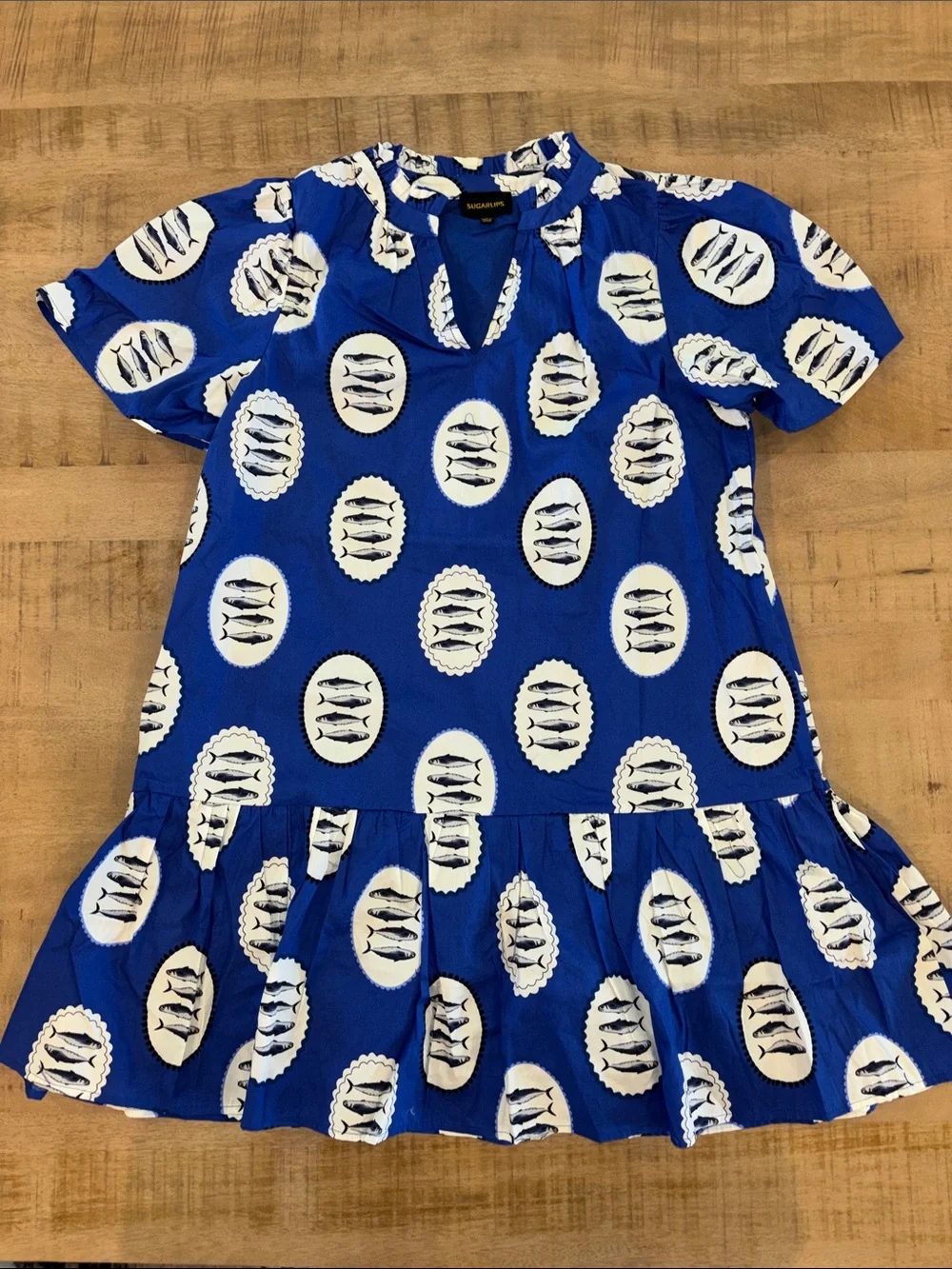 Sugarlips Sardine Sea Azari Shift Mini Dress Blue & White Large NWT 100% Cotton - Picture 4 of 7
